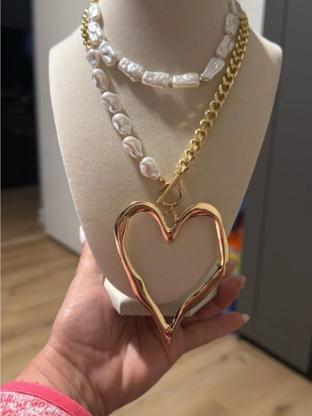 Gold Heart Pendant Layered Necklace with White Baroque Pearls